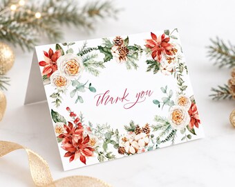 Holiday Thank You Cards with Envelopes, Printed Christmas Thank You Cards, Winter Floral Folded Note Cards, Holiday Stationery