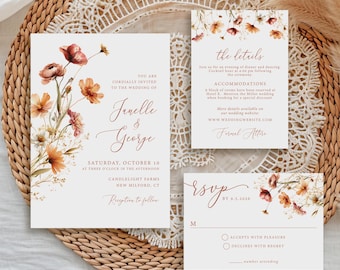 Fall Wildflowers Wedding Invitation Suite, Printed and Shipped