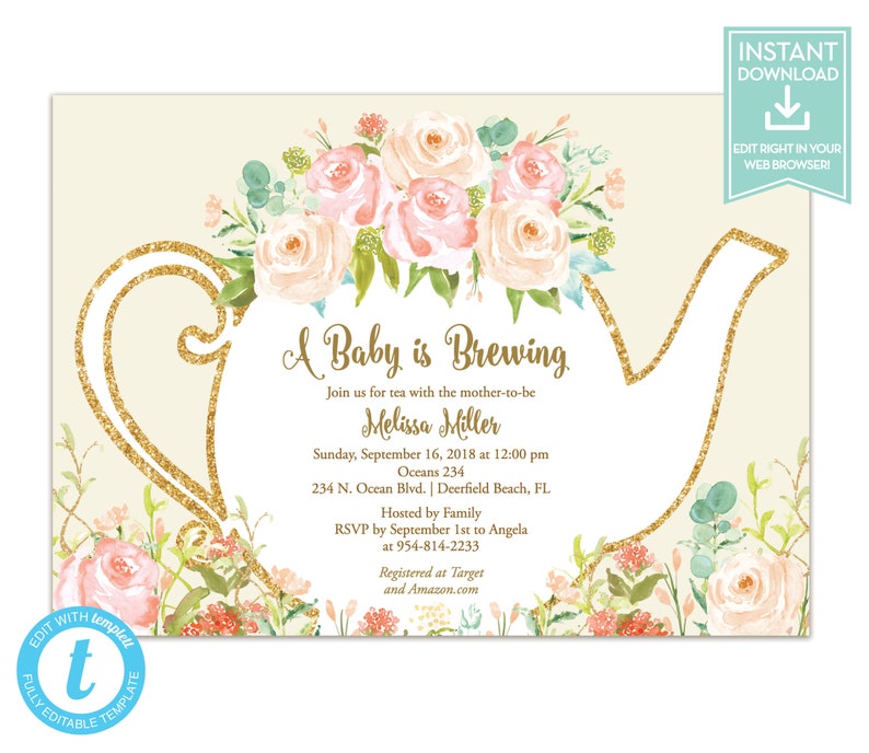Tea Party Invitation Template Floral Teapot Bridal Shower Etsy
