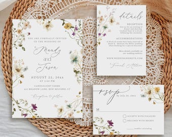Wildflowers Wedding Invitation Suite, Printed and Shipped