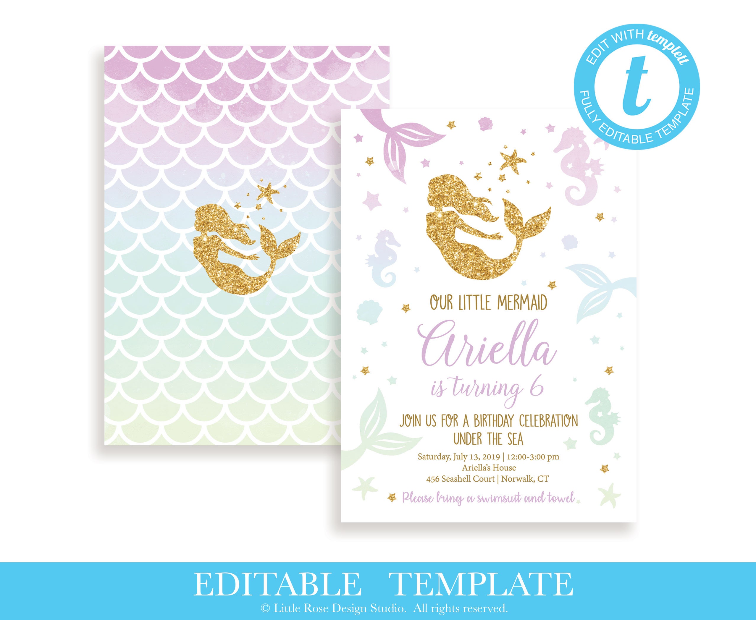 Mermaid Birthday Party Invitation TEMPLATE / Editable Girls | Etsy Mermaid Birthday Party Invitation TEMPLATE / Editable Girls | Etsy