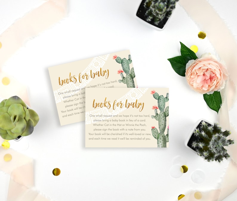 Fiesta Cactus Floral Books for Baby Enclosure Cards Printed Book Request Cards Fiesta Baby Shower Book Insert Cards LR2053