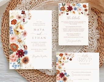 Fall Wildflower Wedding Invitation Suite, Printed and Shipped, Autumn Floral Wedding Invitations