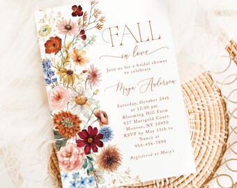 Fall in Love Wildflower Bridal Shower Invitations Printed with Envelopes, Autumn Floral Wedding Shower Invites