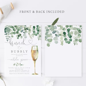 May include: A green and white bridal shower invitation with a watercolour eucalyptus design. The invitation reads "brunch & bubbly" and includes the text "Join us for a bridal shower in honour of Natalie Greene".