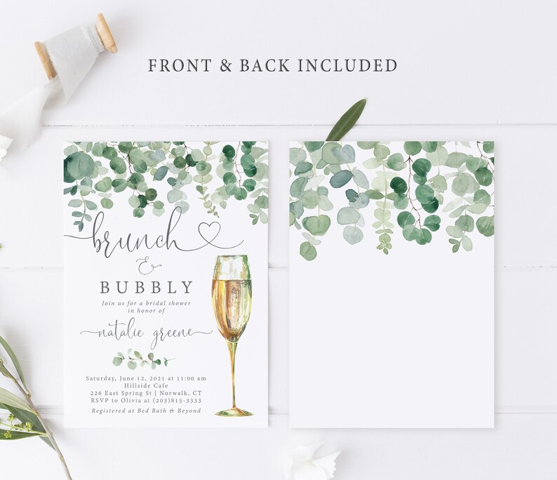 May include: A green and white bridal shower invitation with a watercolour eucalyptus design. The invitation reads "brunch & bubbly" and includes the text "Join us for a bridal shower in honour of Natalie Greene".