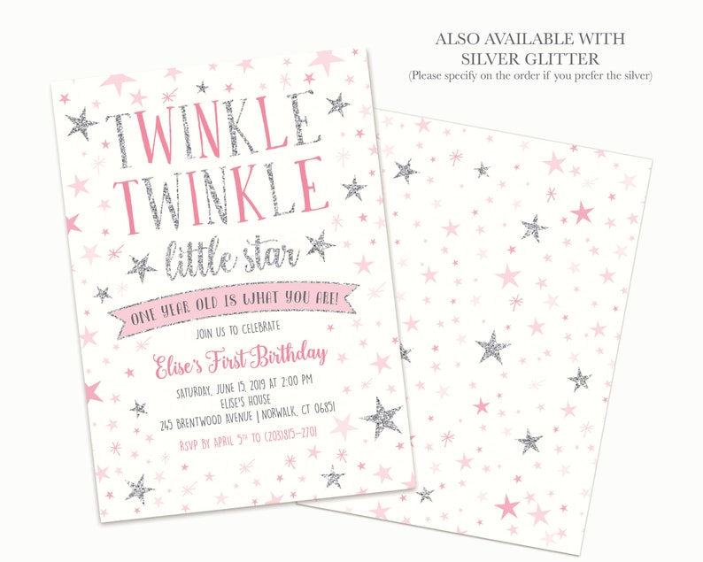Little Star Invite Girls First Birthday Baby Shower Printed or Digital LR1076 Twinkle Twinkle Little Star Birthday Invitation