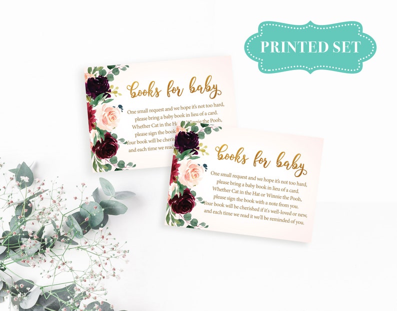 Blush and Burgundy Floral Books for Baby Enclosure Card Book Request Cards Registry Cards Book Insert Cards Details Card LR2022