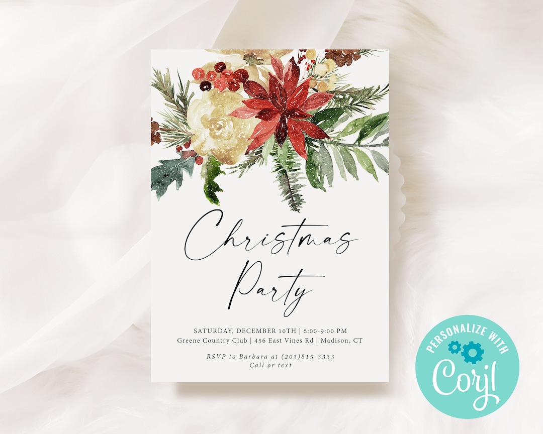 Modern Christmas Party Invitation Template / Simple Floral Etsy