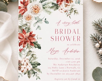 A Merry Little Bridal Shower, Holiday Winter Floral Wedding Shower Invitations Printed with Envelopes