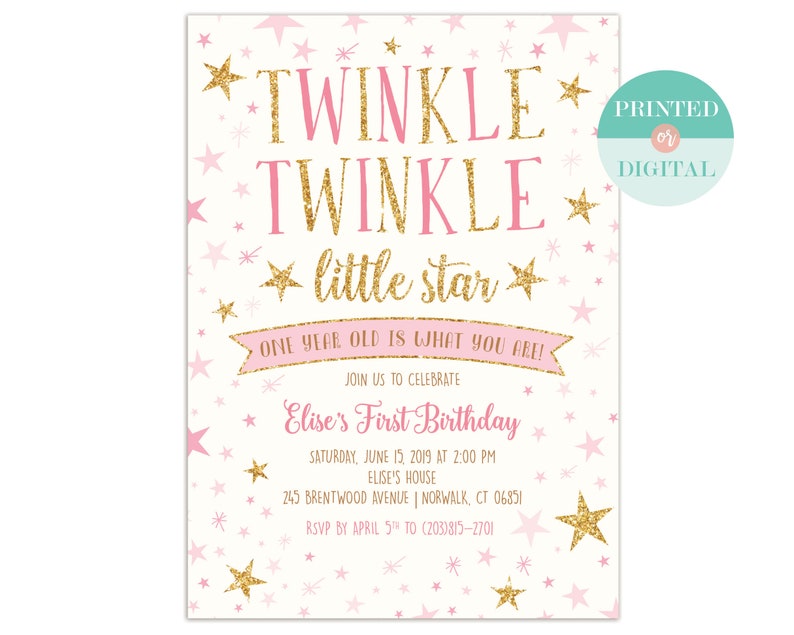 Little Star Invite Girls First Birthday Baby Shower Printed or Digital LR1076 Twinkle Twinkle Little Star Birthday Invitation