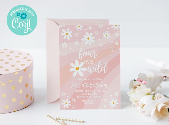Daisy Four Ever Wild Birthday Invitation Template / Groovy Daisy 4th Birthday / Girls 4 Year Old Birthday / Wild 4 Editable Invite / LR2082