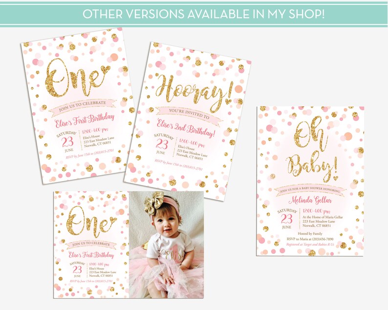 First Birthday Invitation Girl / Confetti Birthday Invitation Etsy