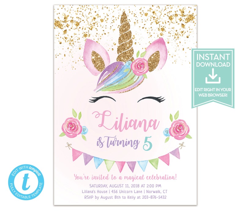 Unicorn Birthday Invitation Instant Download / Unicorn ...