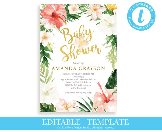 editable tropical baby shower invitation template hawaiian baby shower baby sprinkle gender neutral baby shower invitation lr2040 hawaiian invitation template