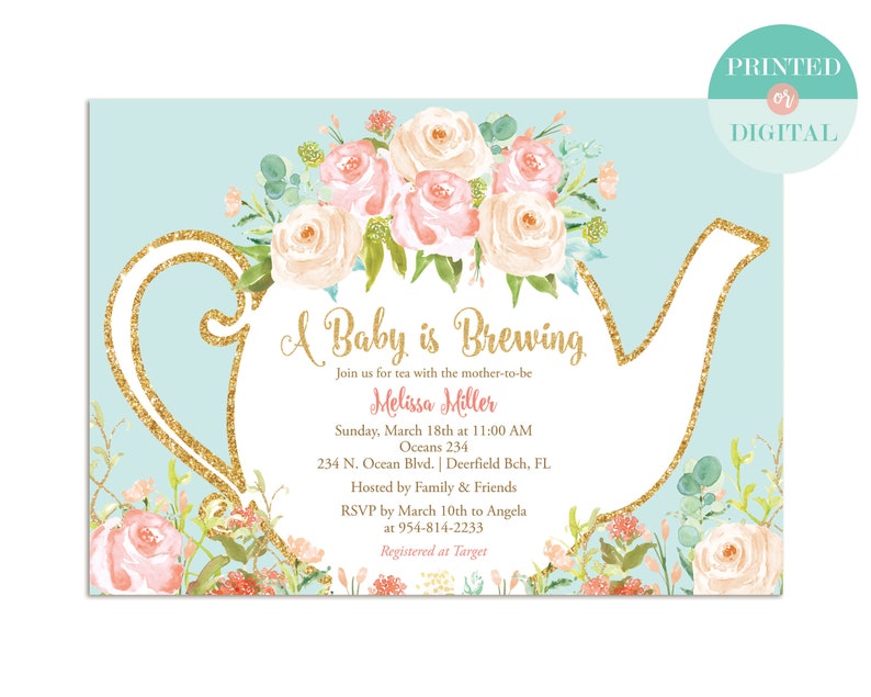 Baby Shower Tea Party Invitation A Is Brewing Garden Gender Neutral Blue Printed Or Digital Lr1050b