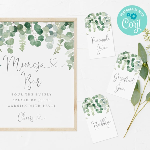 Mimosa Bar Sign and Juice Tag Set EDITABLE Templates / Greenery Eucalyptus Mimosa Bar Sign / Baby Shower Mom-osa Bar Sign Set / LR2066