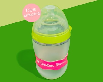 Personalized Orbit Labels 2.0 for baby bottles and sippy cups by InchBug  (Flamingo Pink 2-PACK)