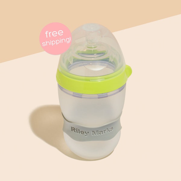 Personalized Original Orbit Labels for baby bottles and sippy cups by InchBug  (Dolphin Gray 2-PACK)