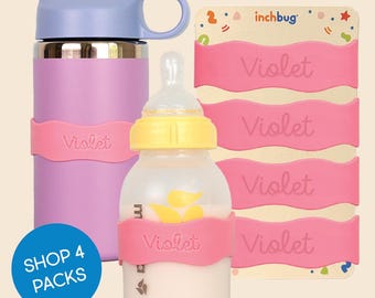 Biberon en silicone personnalisé, étiquettes pour biberons, élastiques réutilisables, lot de 4 pour garderie - Rose bonbon