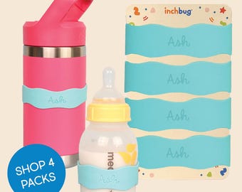 Biberon en silicone personnalisé, étiquettes pour biberons, élastiques réutilisables, lot de 4 pour garderie - Lagon tropical
