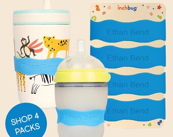 Biberon en silicone personnalisé, étiquettes pour biberons, élastiques réutilisables, lot de 4 pour garderie - Bleu ciel profond