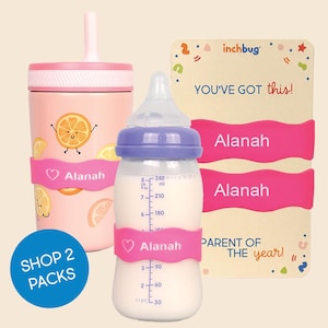 Personalized Silicone Name Labels: Sippy Cup, Water Bottle Bands - Flamingo Pink (2-Pack)