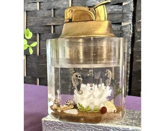 VTG Clearfloat Lucite Sea Horse Shells Round Table Cigarette Lighter