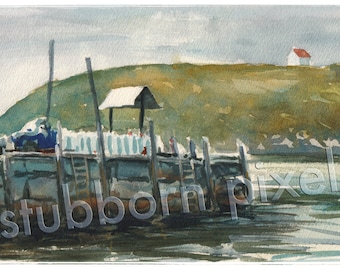 MONHEGAN ISLAND DOCK - Archival Giclee Landscape Watercolor Print