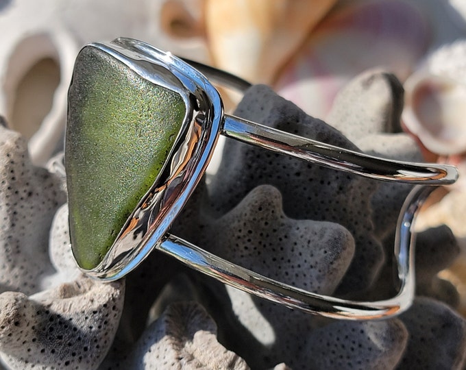Extremely rare black sea glass cuff bracelet, medium size, Handcrafted from sea glass found in Provincetown MA