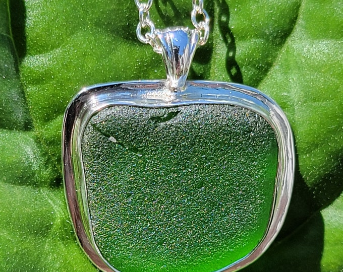 Green sea glass pendant, handmade, bezel set in fine silver using sea glass found by us and used as found on the beaches of Provincetown MA