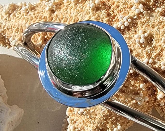 Green sea glass cuff bracelet