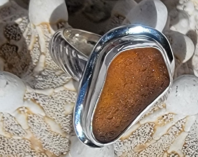 Amber sea glass ring,