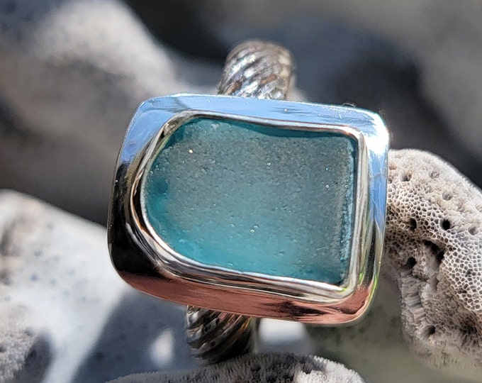 Soft blue sea glass ring, any size, band style at no extra charge, Handcrafted from sea glass found in Provincetown MA