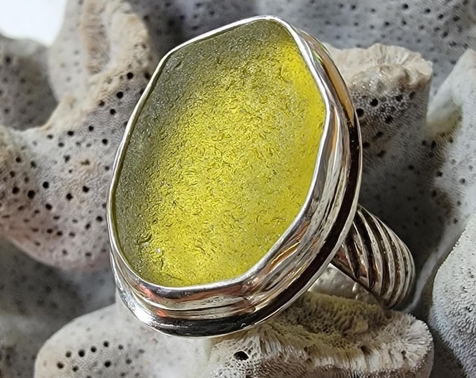 Citron sea glass ring, rare