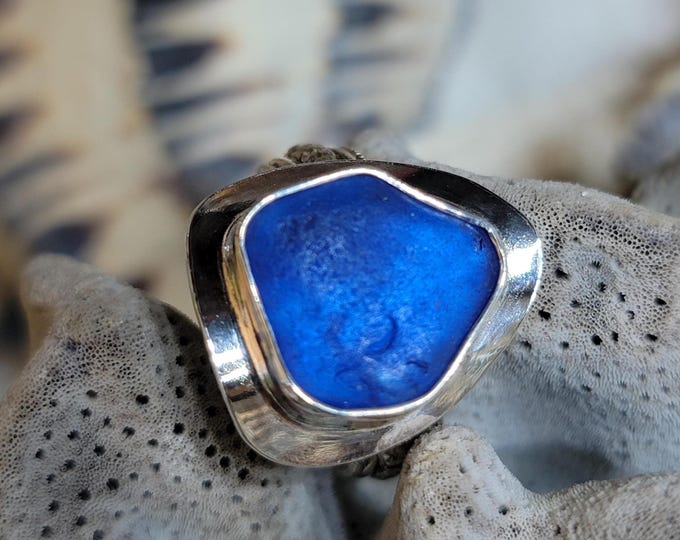 Cobalt Blue sea glass ring, rare
