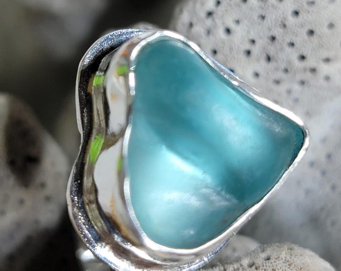 Aqua sea glass ring,