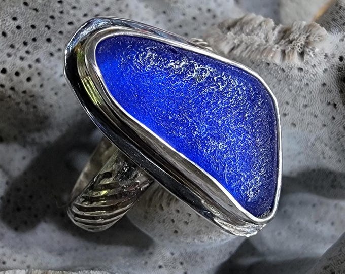 Cobalt Blue sea glass ring, rare