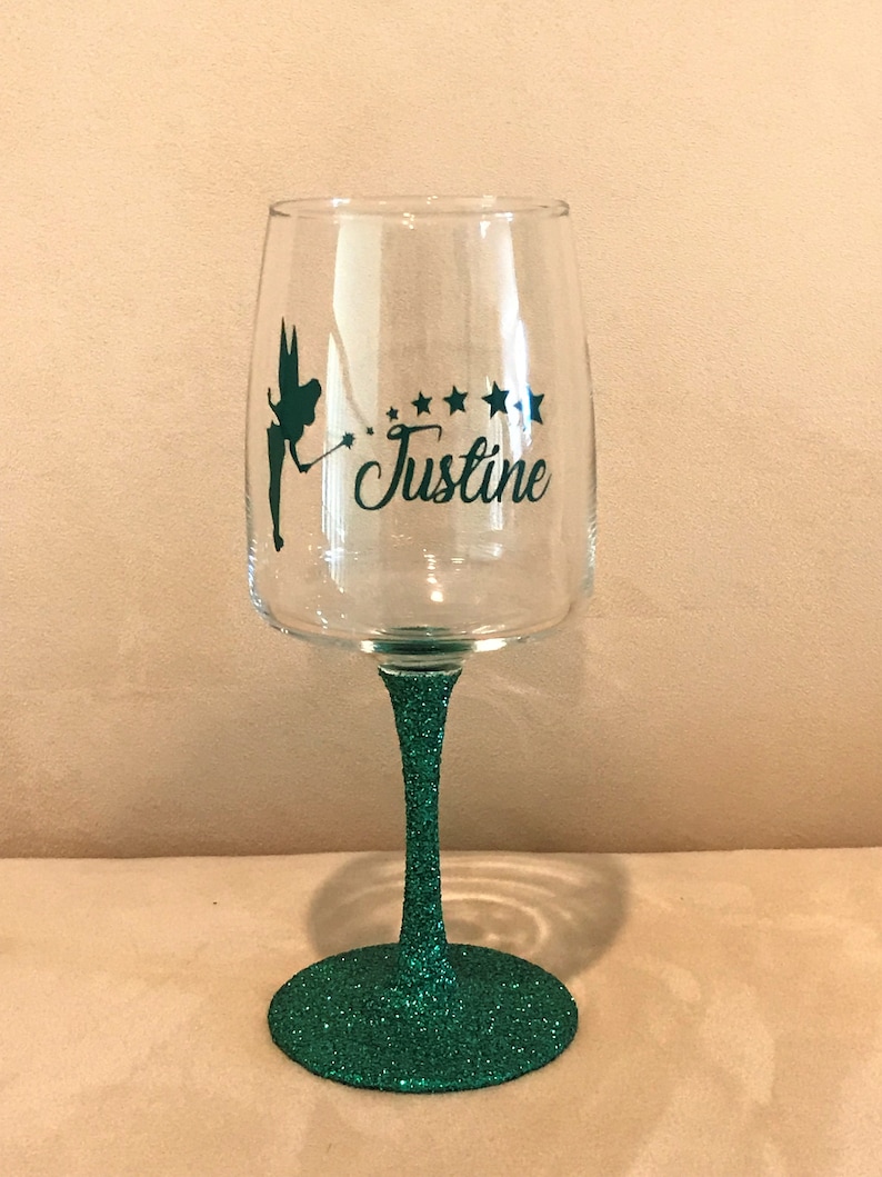 Wine glass glitter dipped with Fairy and Name