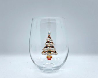 Jeweled Christmas Tree Stemless Wine Glass