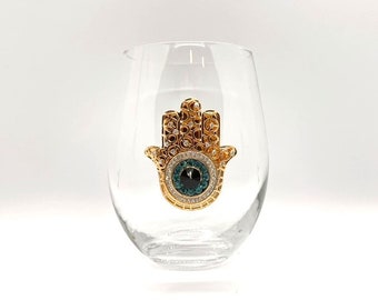Hamsa Jeweled | Evil eye Stemless Wine Glass