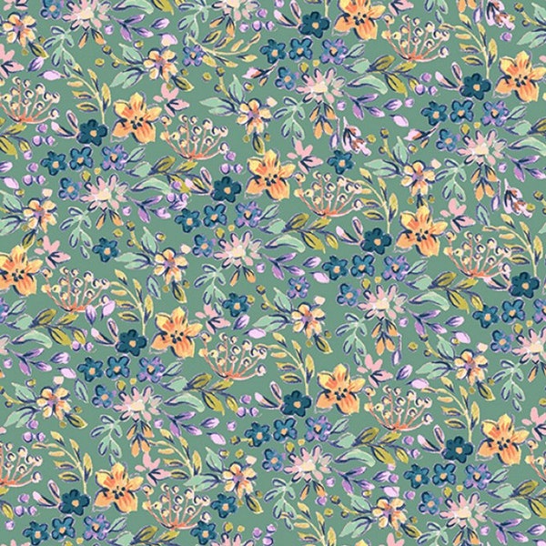 Small Print Floral Fabric, Teal, Yellow, Windham Farm Meadow 52797-14 Clare Therese Gray, Floral Quilt Fabric by the Yard,  100% Cotton