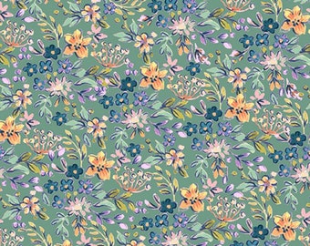 Small Print Floral Fabric, Teal, Yellow, Windham Farm Meadow 52797-14 Clare Therese Gray, Floral Quilt Fabric by the Yard,  100% Cotton