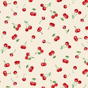 Small Cherries Fabric, Timeless Treasures Cherry Pie CD1543 Cream, Cooking, Kitchen, Apron, Baking, Food Quilt Fabric by the Yard, Cotton