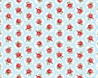 Small Red Roses Fabric on Light Blue, Timeless Treasures Farm Fresh CD1537 Sky, Floral Quilt Fabric by the Yard, 100% Cotton