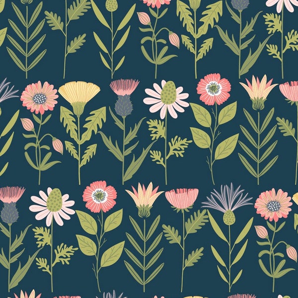 Colorful Navy Floral Fabric, Poppie Cottons Daisy Mae 20108 Fresh Cuts Navy, Spring Flowers Fabric, Floral Quilt Fabric, Cotton