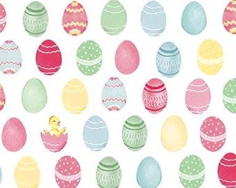 Baby Chick & Easter Eggs Fabric, Riley Blake Easter Parade C11572 White, Lindsay Wilkes,  Easter Quilt Fabric by the Yard, 100% Cotton