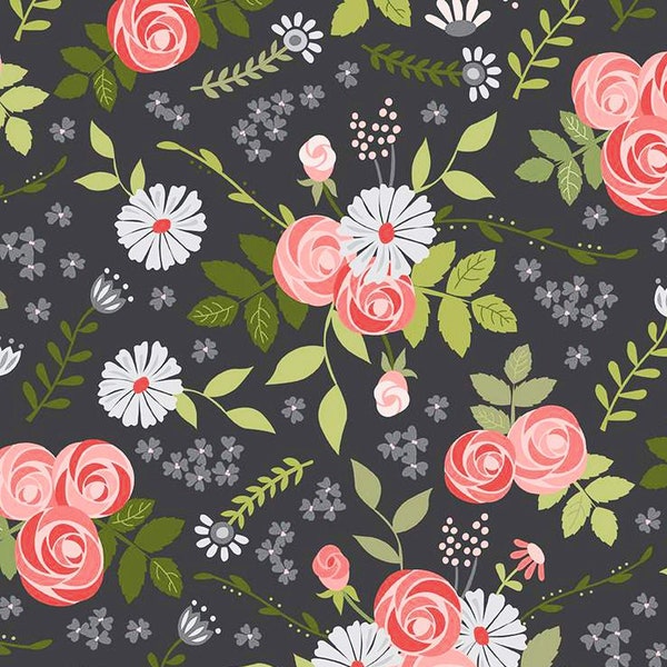 Shabby Chic Coral Floral Fabric, Riley Blake Fable C12710 Charcoal, Romantic Cottage Chic Quilt Fabric, 100% Cotton