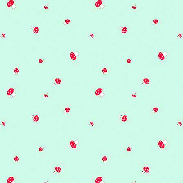 Tiny Red Mushrooms Fabric, Riley Blake Pixie Noel 2, C12117 Mint, Red Toadstool Fabric, Woodland Quilt Fabric by the Yard, 100% Cotton