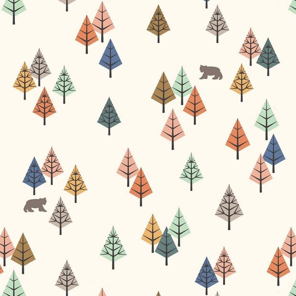 Tiny Bears and Small Trees Fabric, Lewis & Irene Bear Hugs A313 1 Wilderness Cream, Woodland Fabric For Quilts, Sewing, 100% Cotton